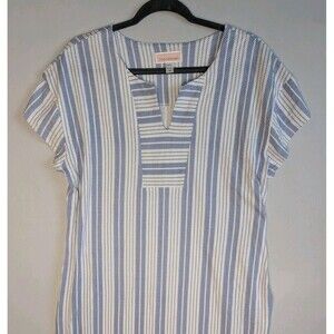 Stan Herman Hamptons Petite 100% Cotton V-Neck Caftan Medium White Blue Stripes